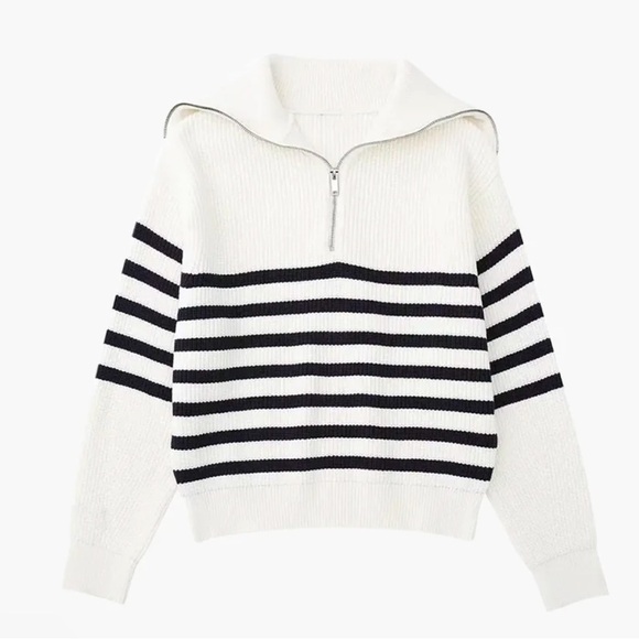 Soft white quarter zip top w navy stripe. NEW TAGS!! Size L. Versatile and cute - Picture 1 of 8